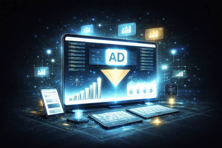 Digital advertising performance dashboard with campaign metrics, conversion tracking, and analytics visuals