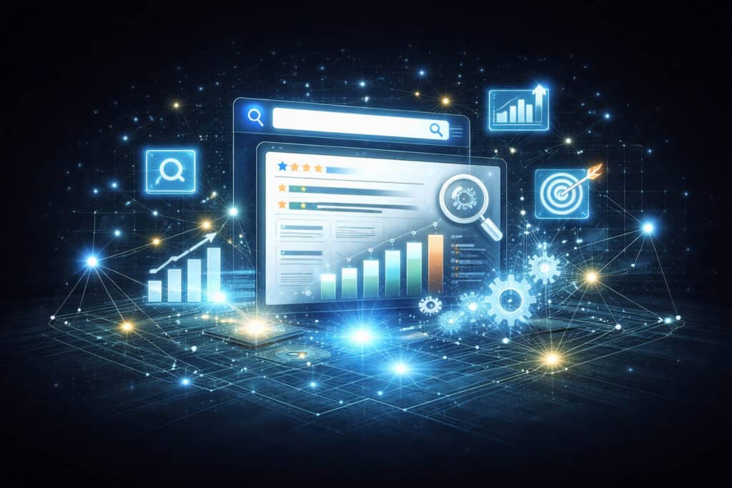 Abstract digital illustration showing search visibility, data signals, and structured optimization across a website ecosystem