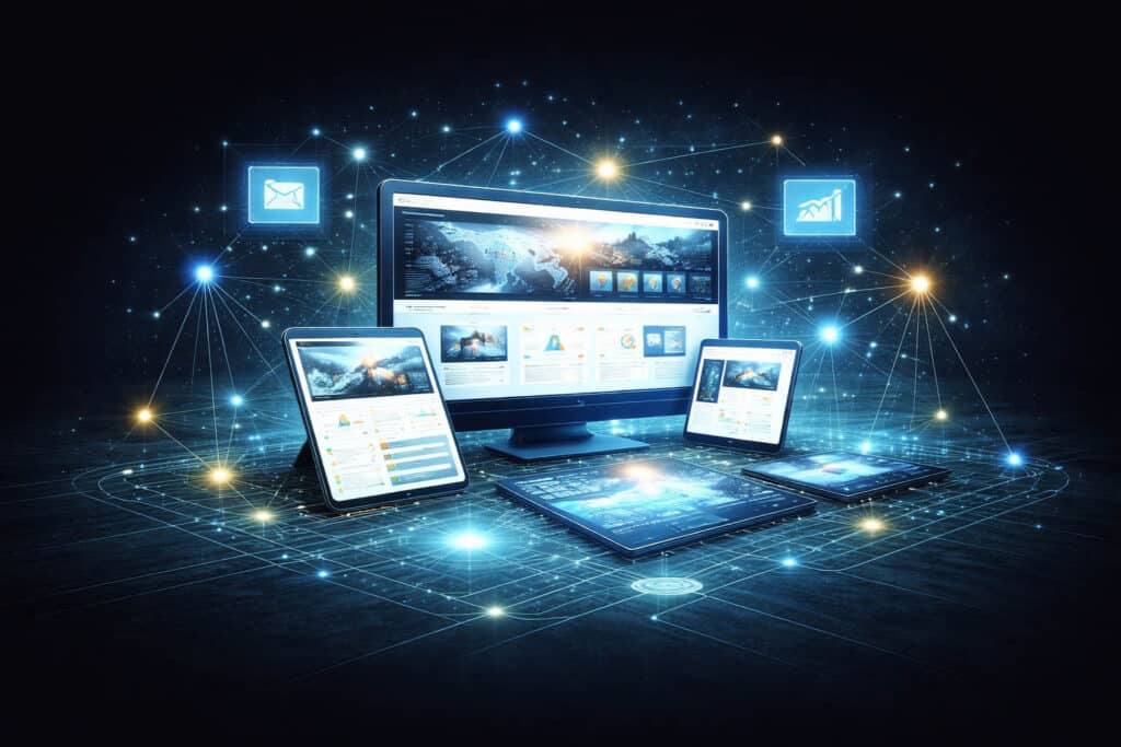 Abstract digital illustration showing a responsive website interface across desktop, tablet, and mobile with layout structure and performance elements